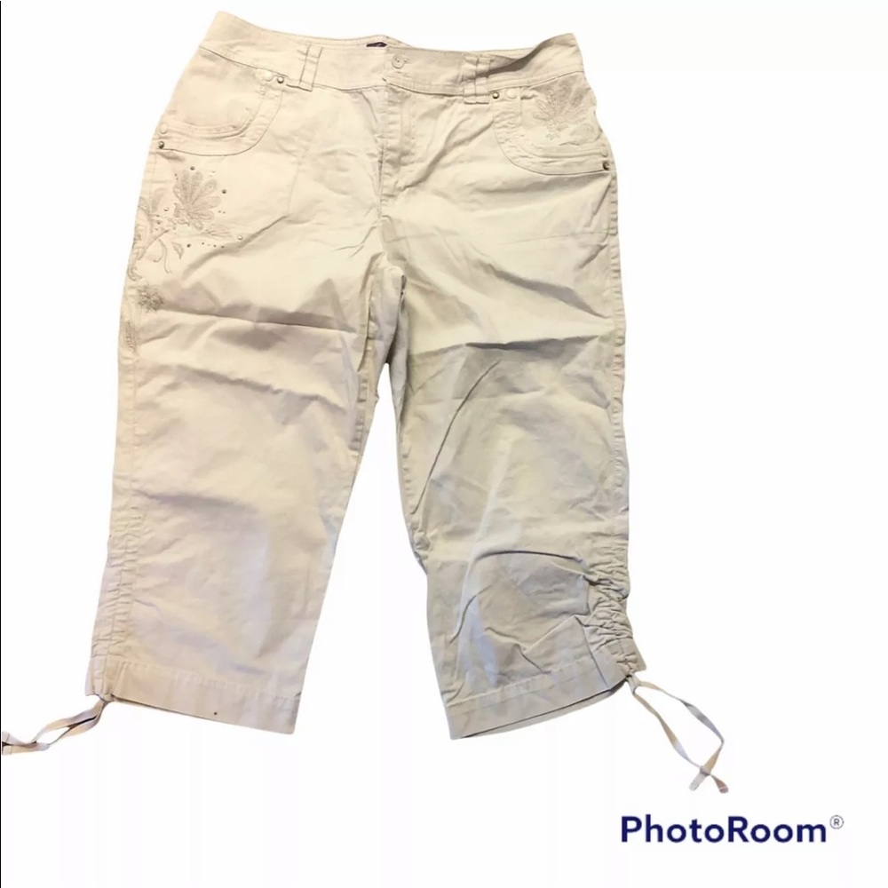Gloria Vanderbilt Capri Pants Embroidered Light Ivory Khaki 14 Missy Zip